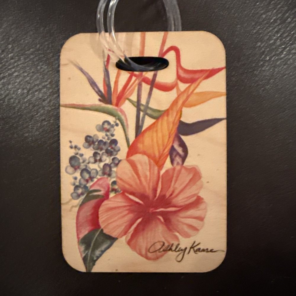 HAWAII HIBISCUS Pink Red WOODEN LUGGAGE TAG "This Aint Yo Bag " Artist CocoNene